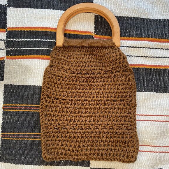 NWOT Handmade Crochet Handbag. Wooden Handles. Boho. Hippie. Brown. - Picture 4 of 6